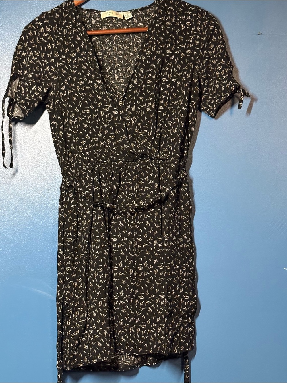 RD Style Black Mini Wrap Dress with White Floral Print